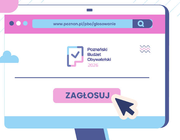 Głosowanie w PBO Hasło: "MaMY klucz do zmian! GłosujeMY w PBO26". Na grafice widać ekran monitora z wyświetloną stroną do głosowania oraz strzałkę klikającą w przycisk "ZAGŁOSUJ". W tle widoczny jest poznański ratusz otoczony pastelowymi elementami graficznymi. W lewym, górnym rogu umieszczono logotyp Poznańskiego Budżetu Obywatelskiego 2026.