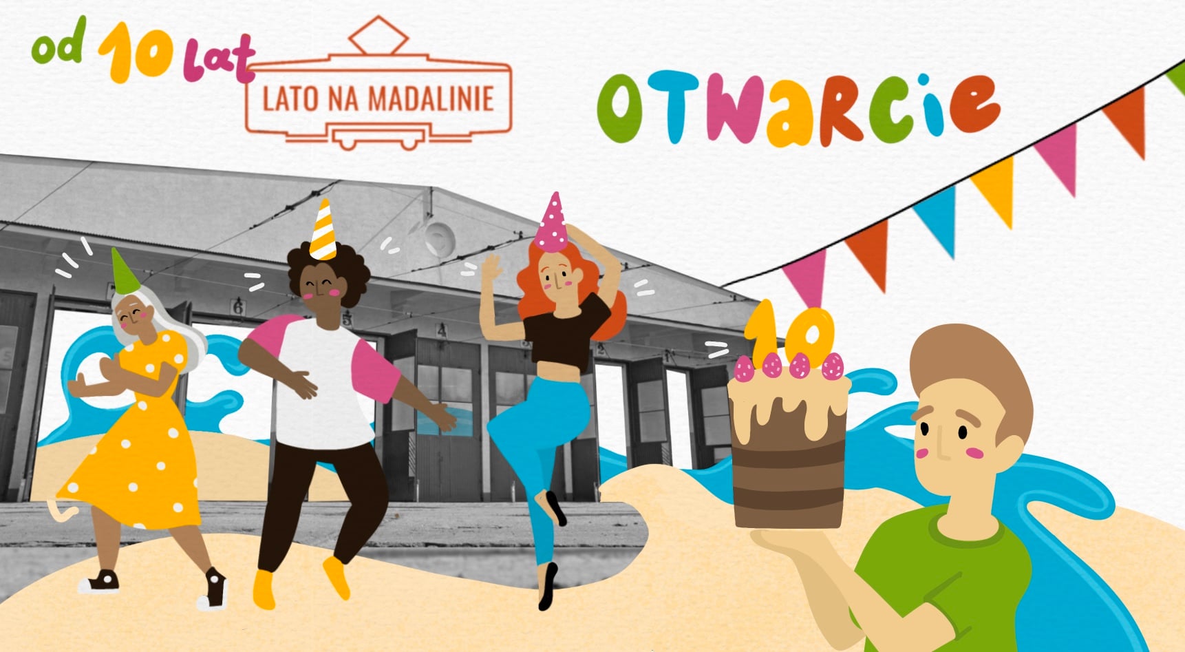 Lato na Madalinie Grafika z napisem od 10 lat otwarcie.