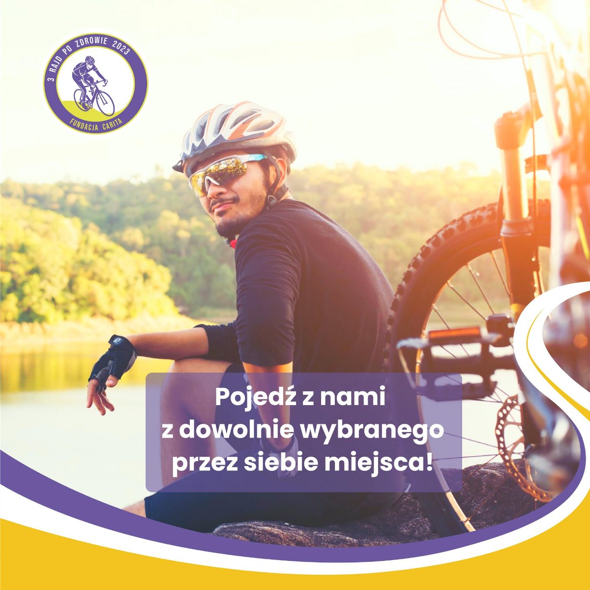 Grafika - rowerzysta siedzący nad wodą, obok rower i napis: pojedź z nami z dowolnie wybranego przez siebie miejsca - grafika artykułu