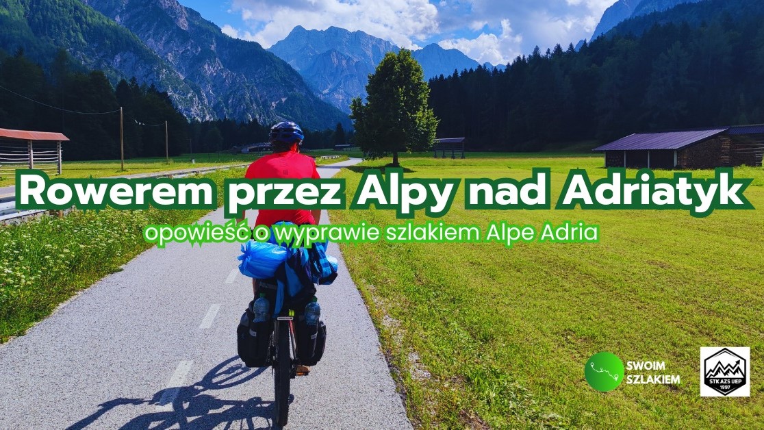Rowerzysta jedzie drogą przez góry. Częściowo zasłania go napis o treści "Rowerem przez Alpy nad Adriatyk". - grafika artykułu