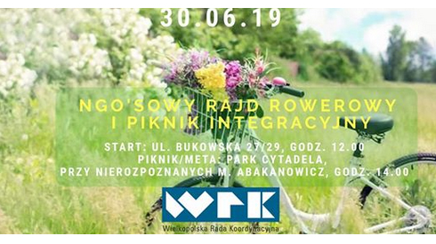 plakat wydarzenia. Rower na łące. Kwiaty w koszyku na kierownicy.