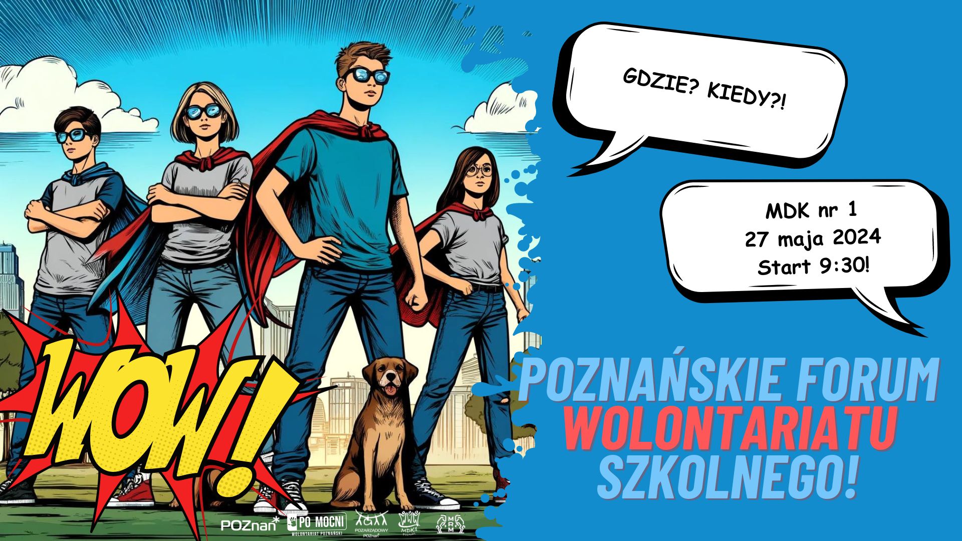 Dzieci w pelerynach stoją w parku. Napis: Poznańskie Forum Wolontariatu Szkolnego. Szczegóły w dymkach. - grafika artykułu