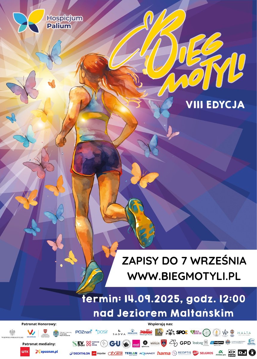 Logotyp Biegu Motyli Logotyp Biegu Motyli - w promieniach słońca biegnie kobieta, a wokół niej latają motyle. Z boku widać nazwę biegu i jego termin, link do zapisów, a na dole logotypy partnerów. Wszystko na niebiesko-fioletowym tle