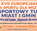 XXXI Sportowy Turniej Miast i Gmin - na pomarańczoym tle tytuł imprezy w kolorze pomarańczowym i granatowym, a także jej termin oraz logotyp Ministerstwa Sportu i Turystyki
