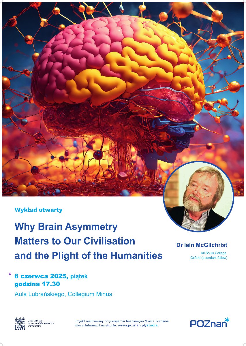 Dr Iain McGilchrist a picture of a man in the background of a graphic depicting a brain and information about the lecture also included in the lecture information content
