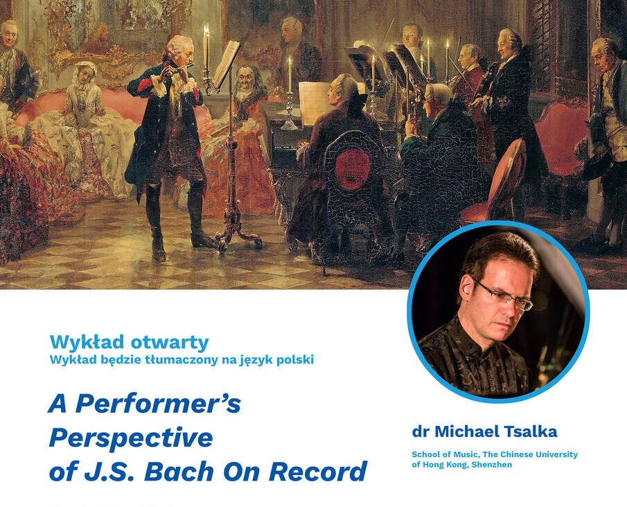 Prof. Michael Tsalka in the background of a painting depicting people playing instruments, a photograph of a man and information about the lecture, which was also included in the lecture information.