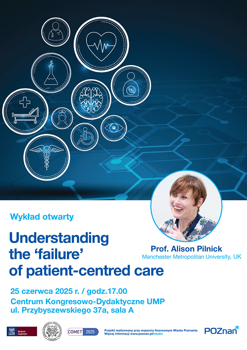 Prof. Alison Pilnick na granatowym tle różne znaki informacyjne oraz zdjęcie kobiety. Na plakacie sa również informacje o wykładzie, które zawarte zostały równiez w treści informacji o wykładzie