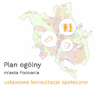 Grafika przedstawiająca mapę Poznania w pastelowych odcieniach zieleni, różu i beżu. Na mapie umieszczone są trzy okręgi z ikonami: megafonu, grupy osób i dokumentu z piórem. Obok mapy znajduje się czarny napis "Plan ogólny miasta Poznania" i pomarańczowy "ustawowe konsultacje społeczne".