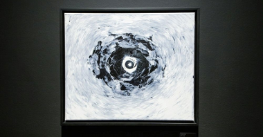 One of Noriaki's works - an abstract painting in grey-blue-white-black colours.
