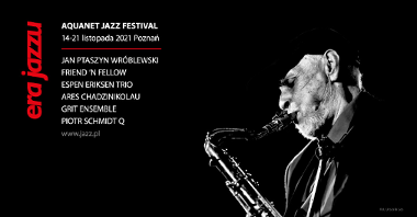 Event poster: photo of Jan Ptaszyn Wróblewski on black background. On the left - information about festival concerts.