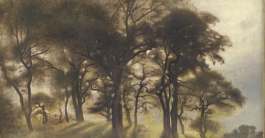 One of the artist's works: picture of dark trees on a slight hill, through which the rays of the sun are visible