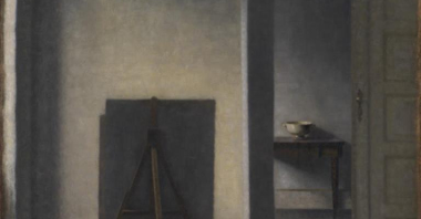 One of the artist's works: picture of a dark room. On the foreground the easel and a picture on the wall, on the right side - open door to te next room. In the background - the interior of another room with a small table and a vessel on it.