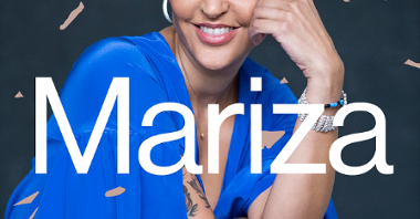 Concert poster: photo of smiling Mariza in blue dressand information about the event.