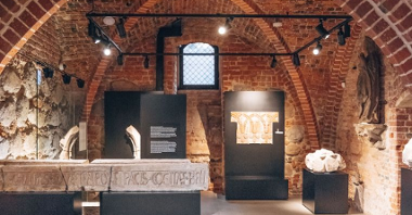 Museum room in the basement with a Gothic vault, several illuminated exhibits.