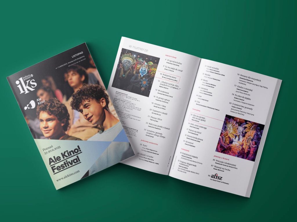 "IKS Kulturapoznan.pl" nr listopad 2025 dwa egzemplarze czasopisma, jedno z widoczną okładką, drugie otwarte na spisie treści