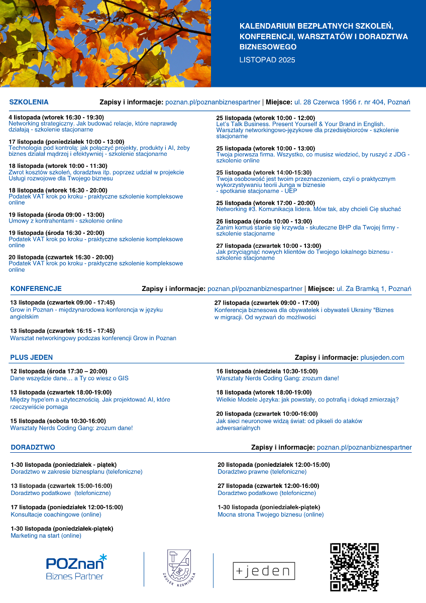 Grafika przedstawia kalendarium bezpłatnych szkoleń, konferencji, warsztatów i doradztwa biznesowego na listopad 2025 roku w Poznaniu, przygotowane przez Poznań Biznes Partner, Zaułek Rzemiosła i Plus Jeden. Tło grafiki zdobią jesienne liście w odcieniach żółci, pomarańczu i brązu.