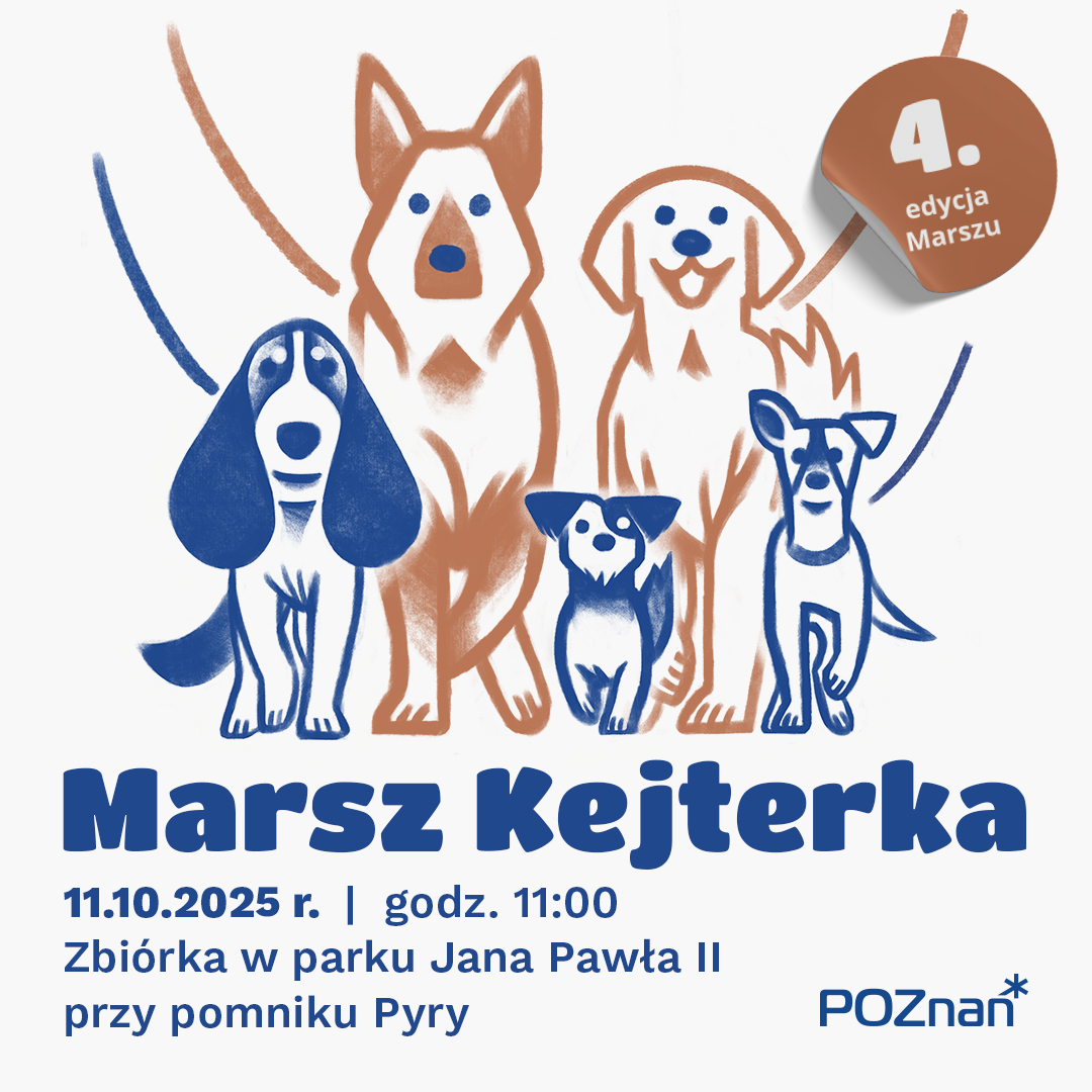 Marsz Kejterka przejdzie już czwarty raz w Poznaniu Grafika przedstawiająca psy różnej wielkości spacerujące wspólnie