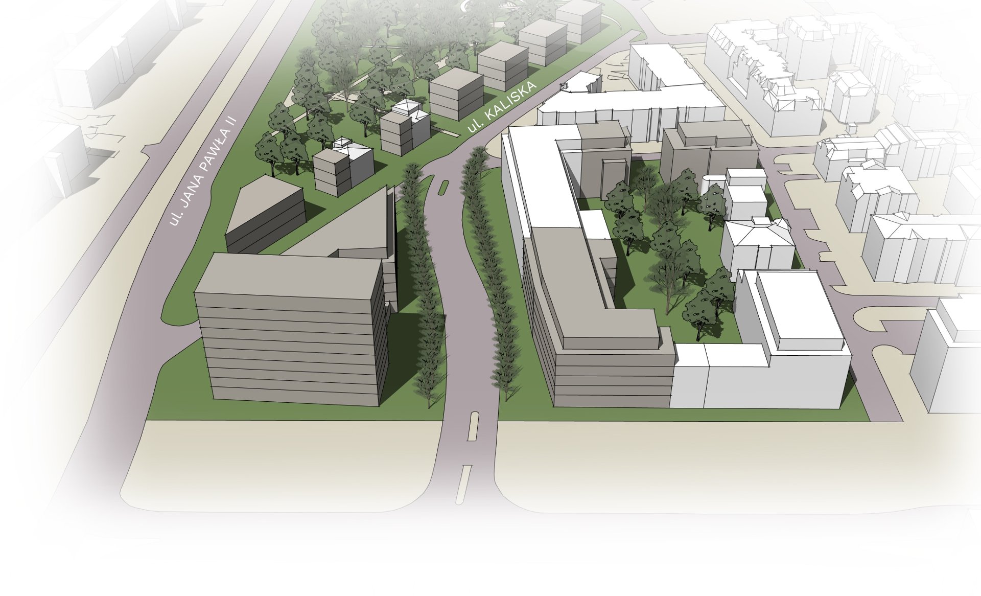 Propozycja zagospodarowania terenu wg projektu mpzp. model 3D. Wizualizacja przedstawia bryły istniejącej i projektowanej zabudowy. Kolorem zielonym podkreślono tereny zieleni i drzewa.