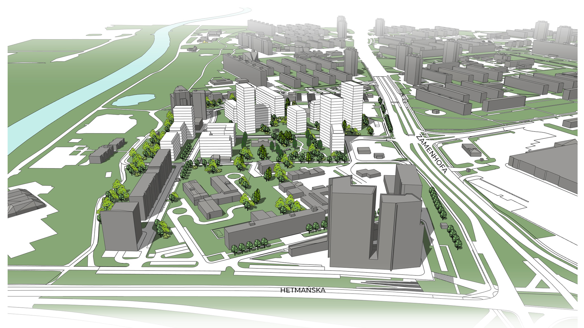 model 3D. Wizualizacja przedstawia widok z góry. Bryły istniejącej i projektowanej zabudowy. Kolorem zielonym podkreślono tereny zieleni i drzewa. Niebieskim kolorem zaznaczono wody.