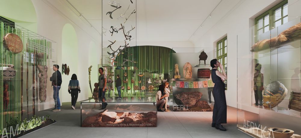 Wizualizacja wystawy "EXotica?", fot. ze zbiorów Muzeum Narodowego Na wizualizacja duża sala wystawowa, w której poza szarością dominuje spokojny kolor zieleni, przechadzają się po niej ludzie.
