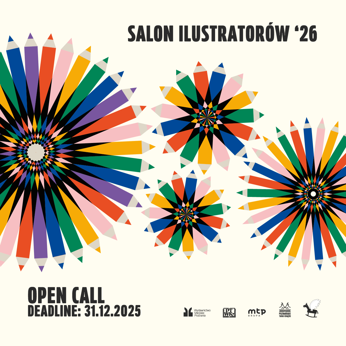 Salon Ilustratorów 2026 Na zółtym tle kolorowe kredki ułożone w kształt kwiatów
