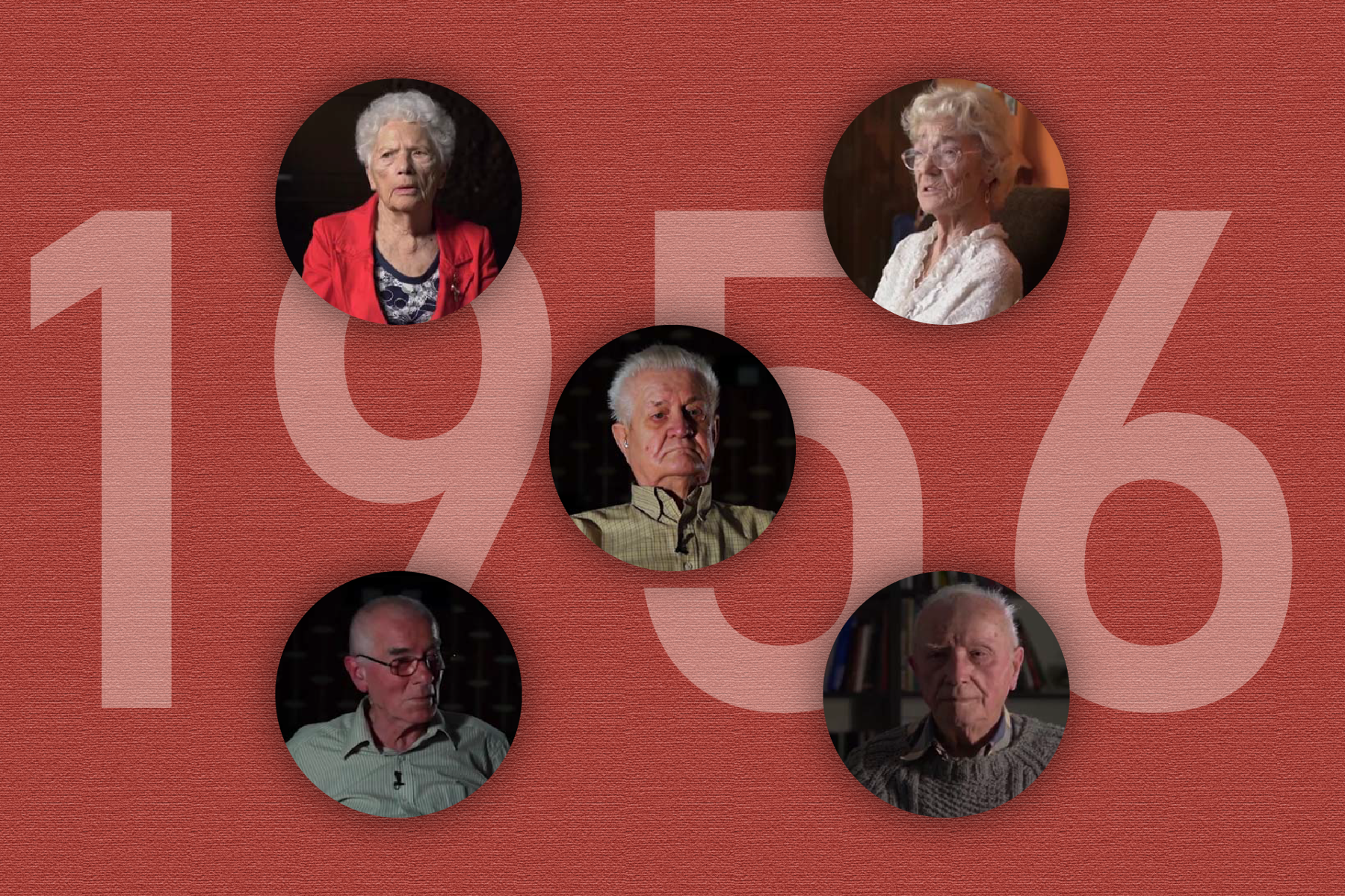 Pięć okrągłych zdjęć starszych osób. W tle ciemno czerwona tkanina, na której napisano liczbę 1956. - grafika artykułu