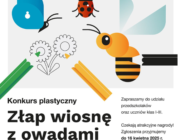 Infografika z napisem Rysunek pszczoły, motyla, biedronki, kwiatka i 3 kredek