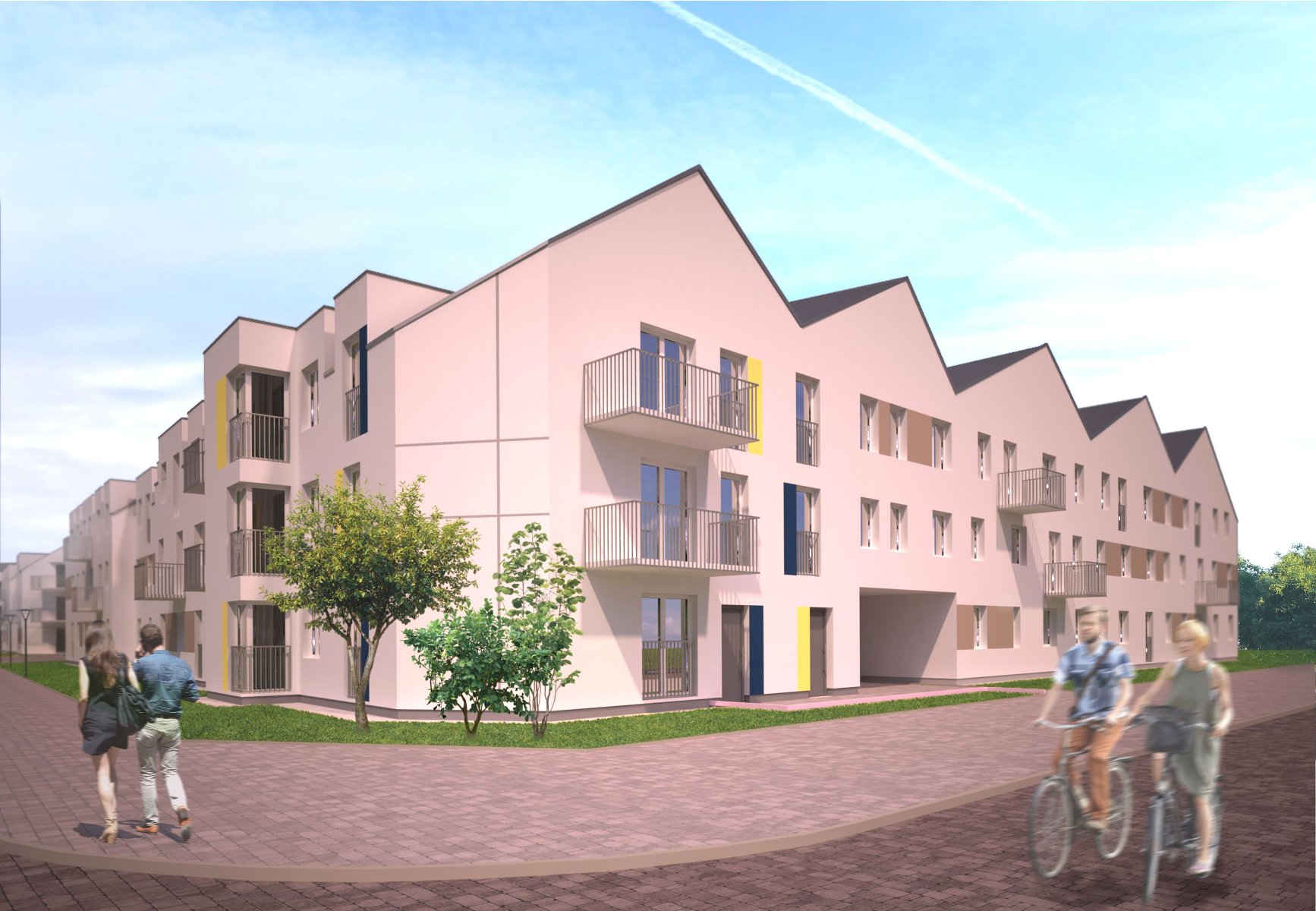 ZKZL wybuduje kolejny blok przy ul. Darzyborskiej/ wizualizacja Wizualizacja przedstawia blok, a także spacerujących i jeżdżących na rowerach ludzi i zieleń - trawę i drzewa.