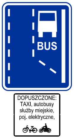 Drogowy znak pionowy z piktogramami wskazującymi na położenie buspasa na jezdni i dopuszczenie do ruchu na nim niektórych pojazdów.