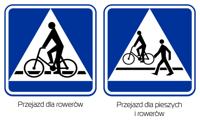Dwa znaki drogowe w postaci niebieskich kół. W jedno z nich jest wpisany rower przejeżdżający przez jezdnię. Na drugim przejeżdża jezdnię w towarzystwie pieszych.