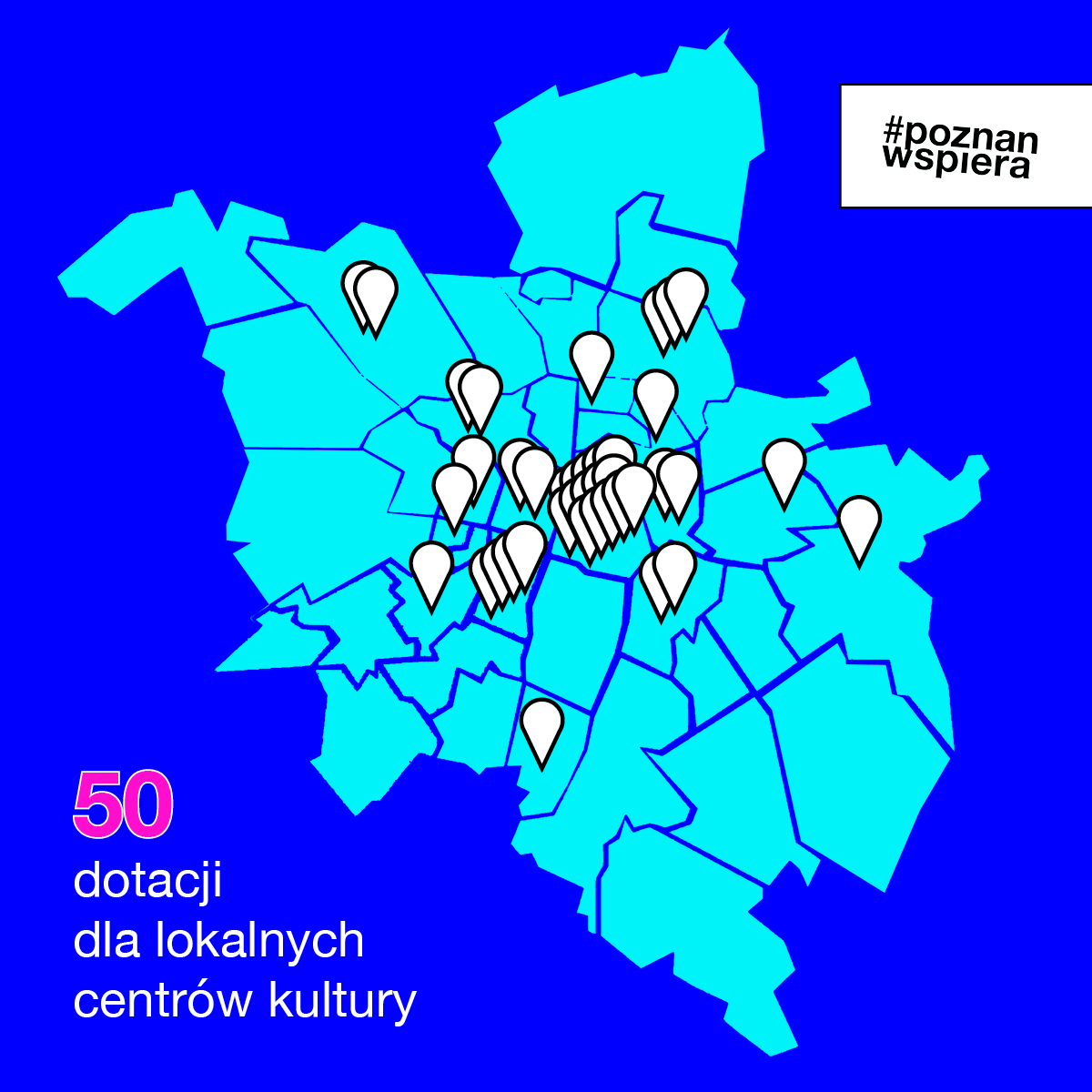Grafika przedstawia granatowy kwadrat z błękitną mapą Poznania i naniesionymi na niej białymi zaznaczeniami konkretnych miejsc kultury - grafika artykułu