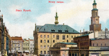 Południowa elewacja Nowego Ratusza na Starym Rynku, na pierwszym planie Odwach, po prawej stronie wieża ratusza, około 1904 roku, źródło MKZ/cyryl.poznan.pl