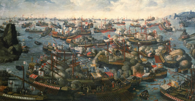 Obraz olejny "Bitwa pod Lepanto. 7 października 1571", nieznanego autora, w zbiorach Royal Museums Greenwich, reprodukcja w domenie publicznej.