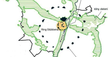 Schematyczne ujęcie pierścieniowo-klinowego systemu zieleni miejskiej w granicach dzisiejszego Poznania, ze zbiorów ZZM w Poznaniu