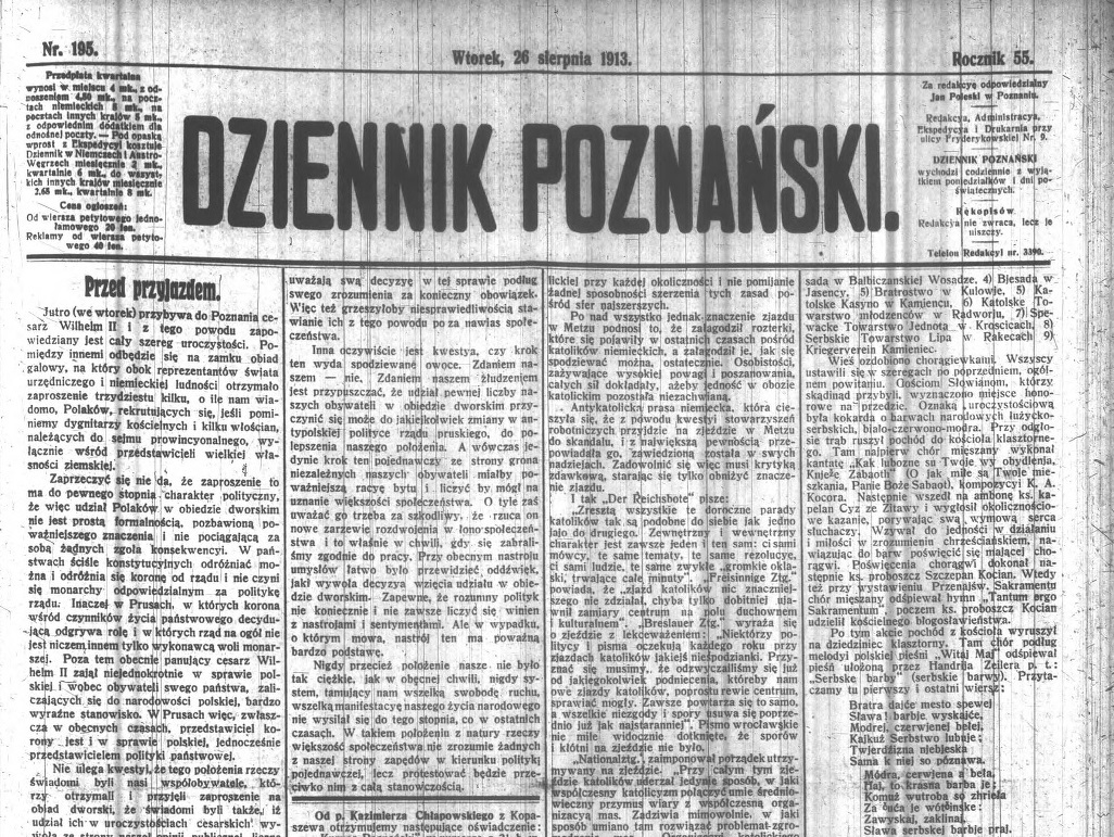 Wydanie "Dziennika Poznańskiego" z sierpnia 1913 r. z zapowiedzią wizyty cesarza Wilhelma II, fot. ze zb. Wielkopolskiej Biblioteki Cyfrowej - grafika artykułu