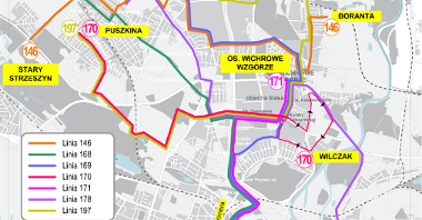 mapa przedstawiająca propozonowany przez radnego Pawła Sowę układ linii autobusowych na północy Poznania