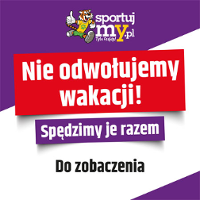 Białe napisy na fioletowym i czerwonym tle.