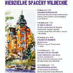 Akwarela kilkupiętrowej kamienicy. Obok rozpiska kolejnych spacerów.