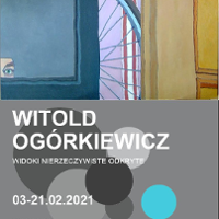 Na szarym tle napis "Witold Ogórkiewicz, widoki nierzeczywiste odkryte". Powyżej wielobarwny obrazek, jakby w uchylonych drzwiach widać było fragment koła roweru.