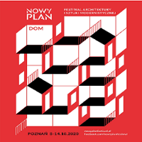 Plakat na jasnoczerwonym, żywym tle przedstawia biały, geometryczny schemat piętrowego budynku. Przypomina on złożony z sześcianów blok ze schematycznie nakreślonymi drzwiami, oknami i balustradami na każdym poziomie. Na górze plakatu widać napis "Nowy Plan. Festiwal architektury i sztuki modernistycznej".
