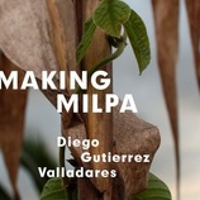 Grafika przedstawia zieloną roślinę pnącą się po drewnianej tyczce. Centralnie umieszczony biały napis: "MAKING MILPA. Diego Gutierrez Valladares". fot. Ivan Juarez.