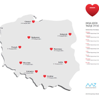 Na mapie Polski czerwonymi serduszkami zaznaczone miasta, w tórych odbędzie się akcja.