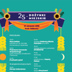 Plakat wydarzenia. Turekusowe tło. Z boku żółte kłosy. na górze fioletowa wstega i kwiaty słoneczników.