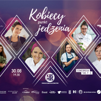 plakat: na fioletowym tle zdjęcia 6 kobiet, które będą gotować