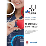 Plakat wydarzenia: kobieta trzyma małe czerwone serce; po prawej stronie napisy.