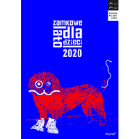 Grafika: na ciemnym niebieskim tle stylizowany, czerwony kształt zwierzęcia podobnego do lwa. U góry biały znak graficzny - Zamkowe lato dla dzieci 2020.