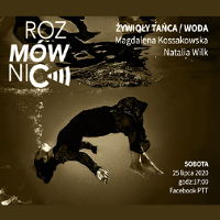 Tancerka w trakcie pokazu w wodzie, po prawej białe napisy informujące o wydarzeniu