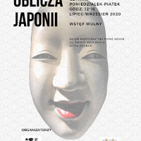 Na plakacie widać japońską maskę oraz informacje o miejscu, terminie i czasie trwania wystawy.