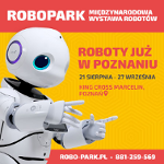 Po lewej biały robot z głową, oczami i rękoma, po prawej npisy na żółtym tle.