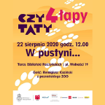 Kolorowy napis "Czytaty 4 łapy" na żółtym tle, w prawej części grafiki białe ślady łap
